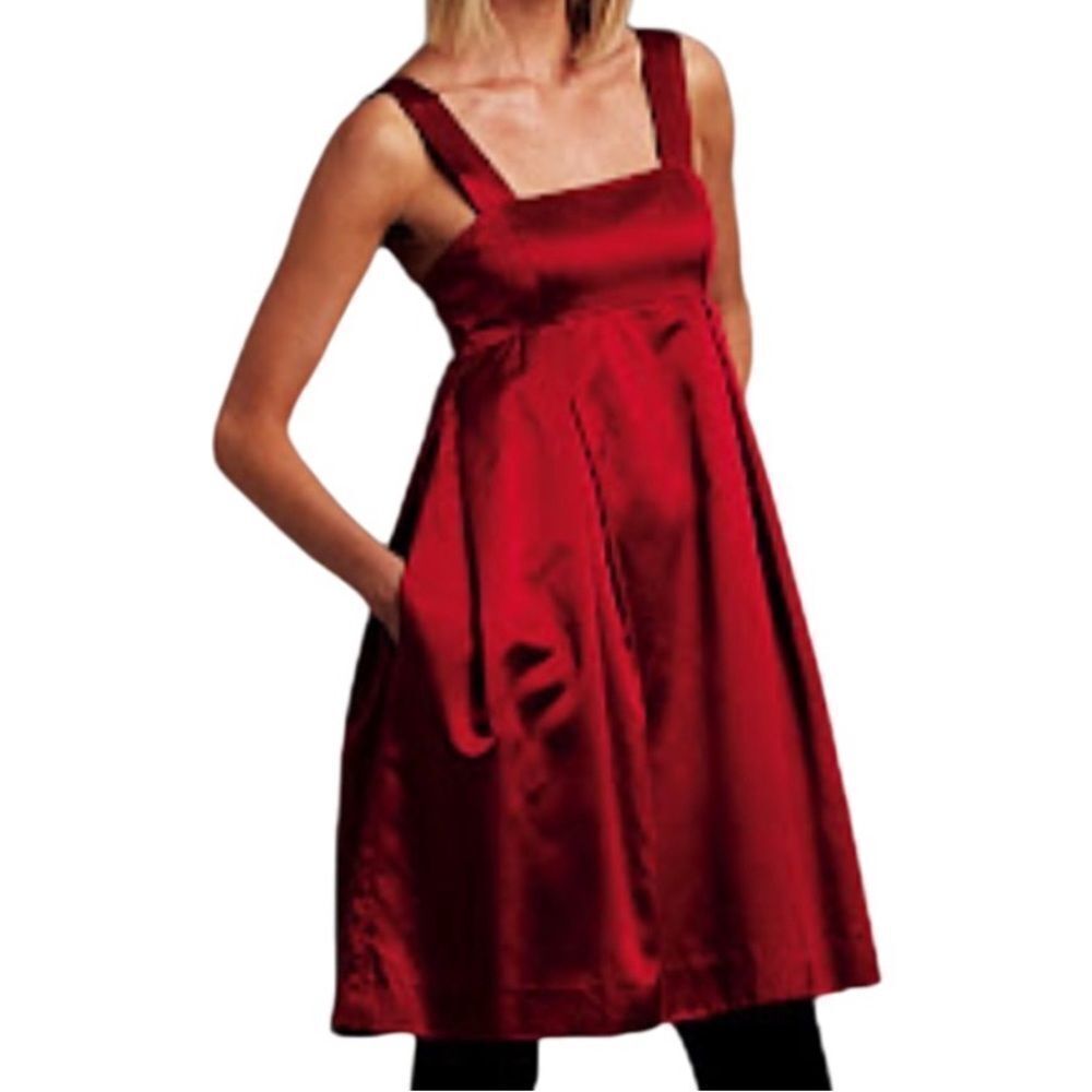 VTG DKNY 90s Bubble Dress Red Silk Scarlet Tank Empire Waist Balloon Pockets 8